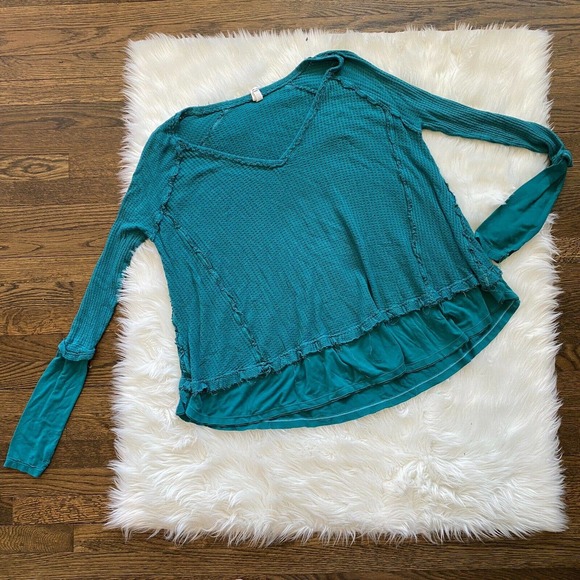 We The Free Tops - We The Free People Dark Teal Blue Heather Boho Ruffle Distressed Blouse Sz Large